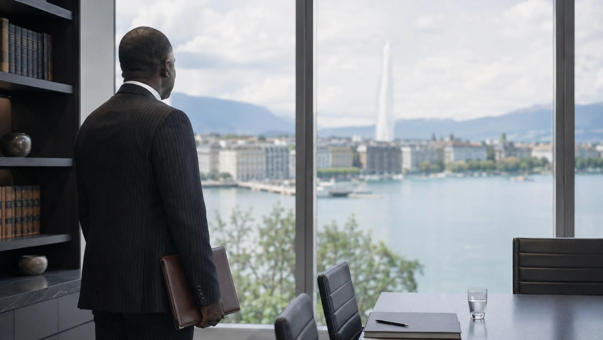 Avvocato fiscalista in un ufficio con vista sulla rada di Ginevra e sul getto d'acqua